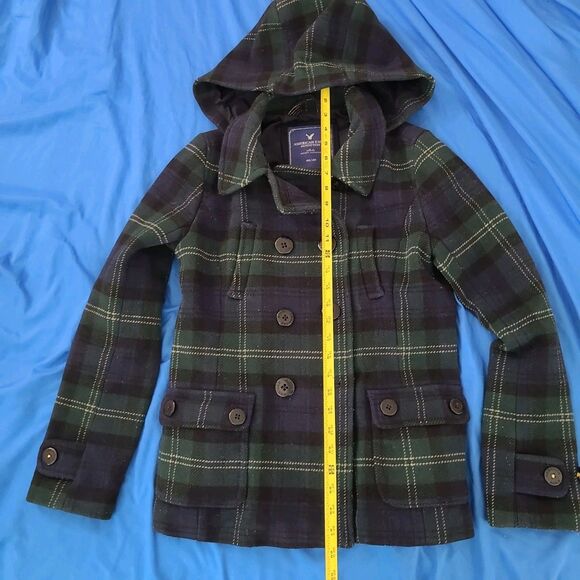 American Eagle Wool Pea Coat Womens Medium Green Blue Plaid Button Pockets *READ - Picture 5 of 10